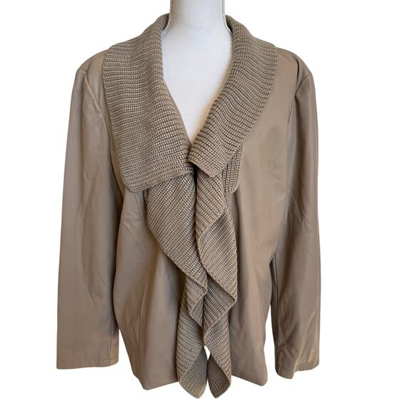 Chico's Jacket Women's Sz 3 16/18 Taupe Faux Leather Knit Collar Trim Lined Soft - Picture 1 of 10